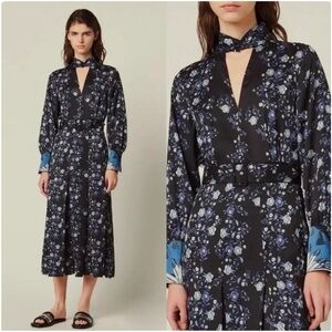 NWT SANDRO Bonny Blue Floral Satin Midi Dress, size 38/M